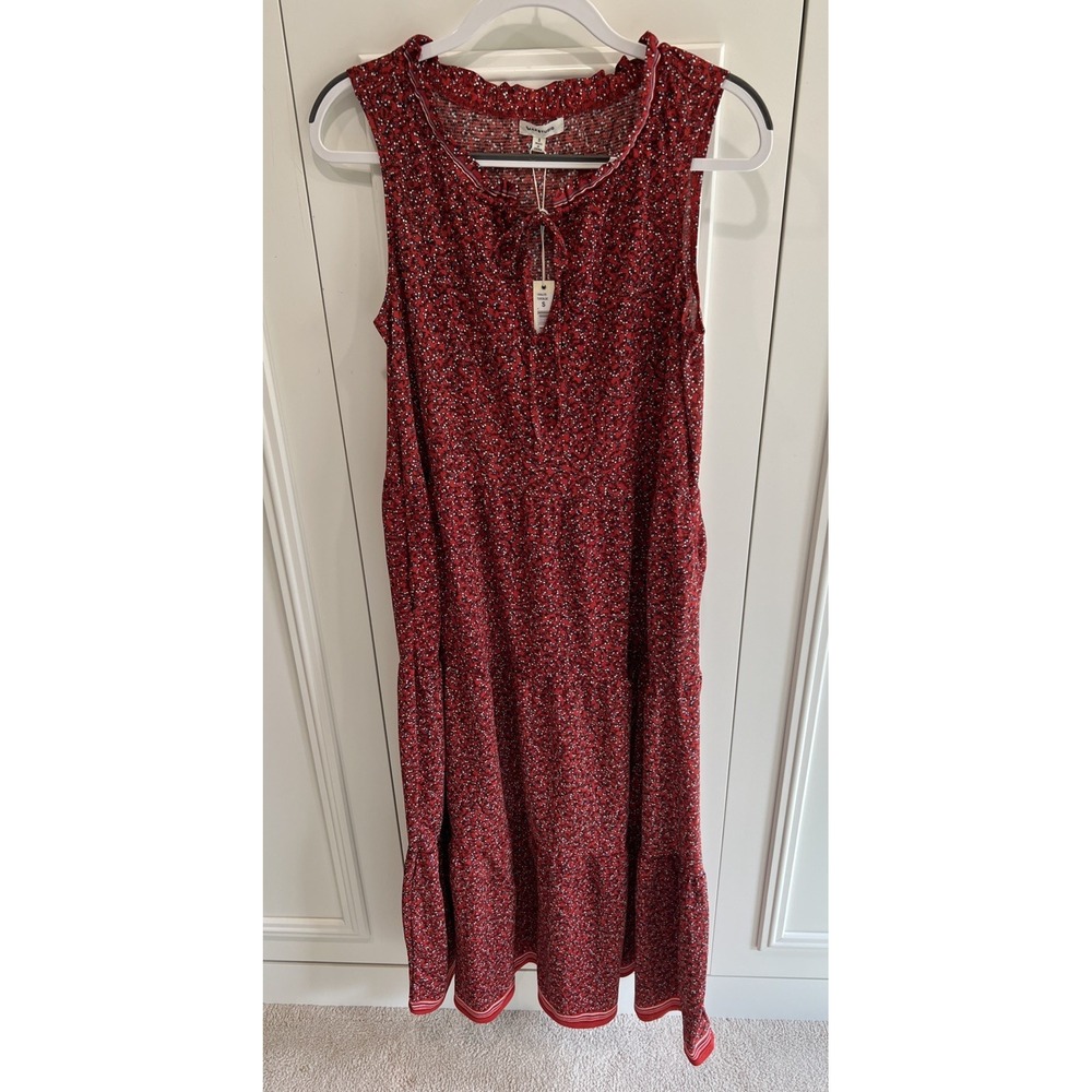 Max Studio Red Tiered Sleeveless Maxi Dress Berry Floral Print Peasant Country